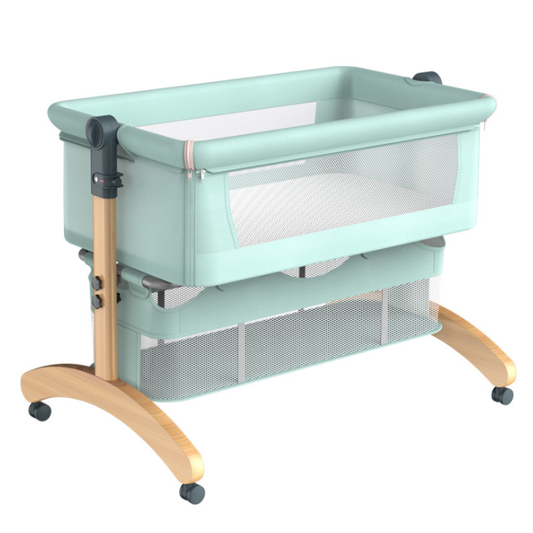 Foldable movable baby wooden bed, adjustable crib