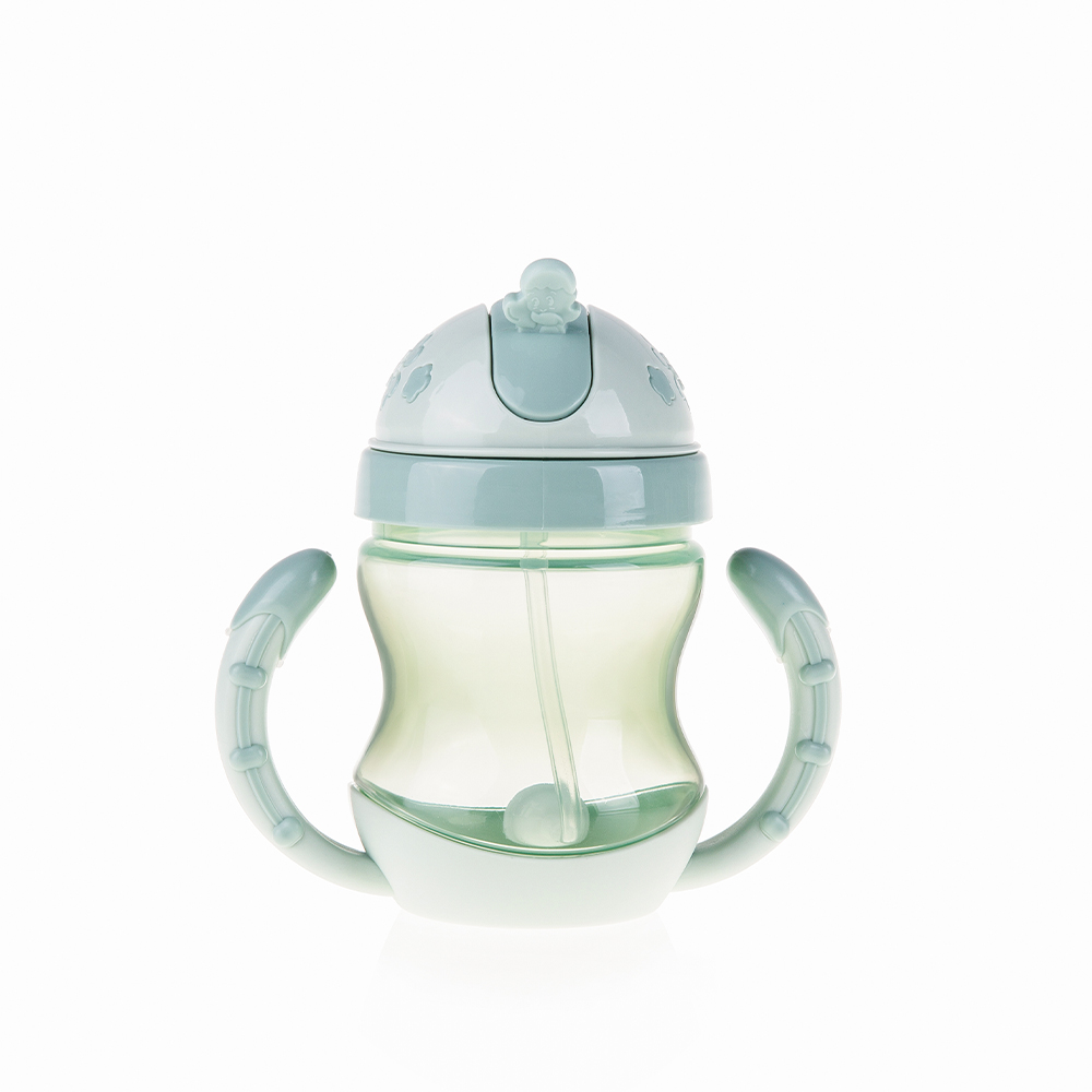 Leak-proof baby drinking bottle with non-slip handles and dynamic straw